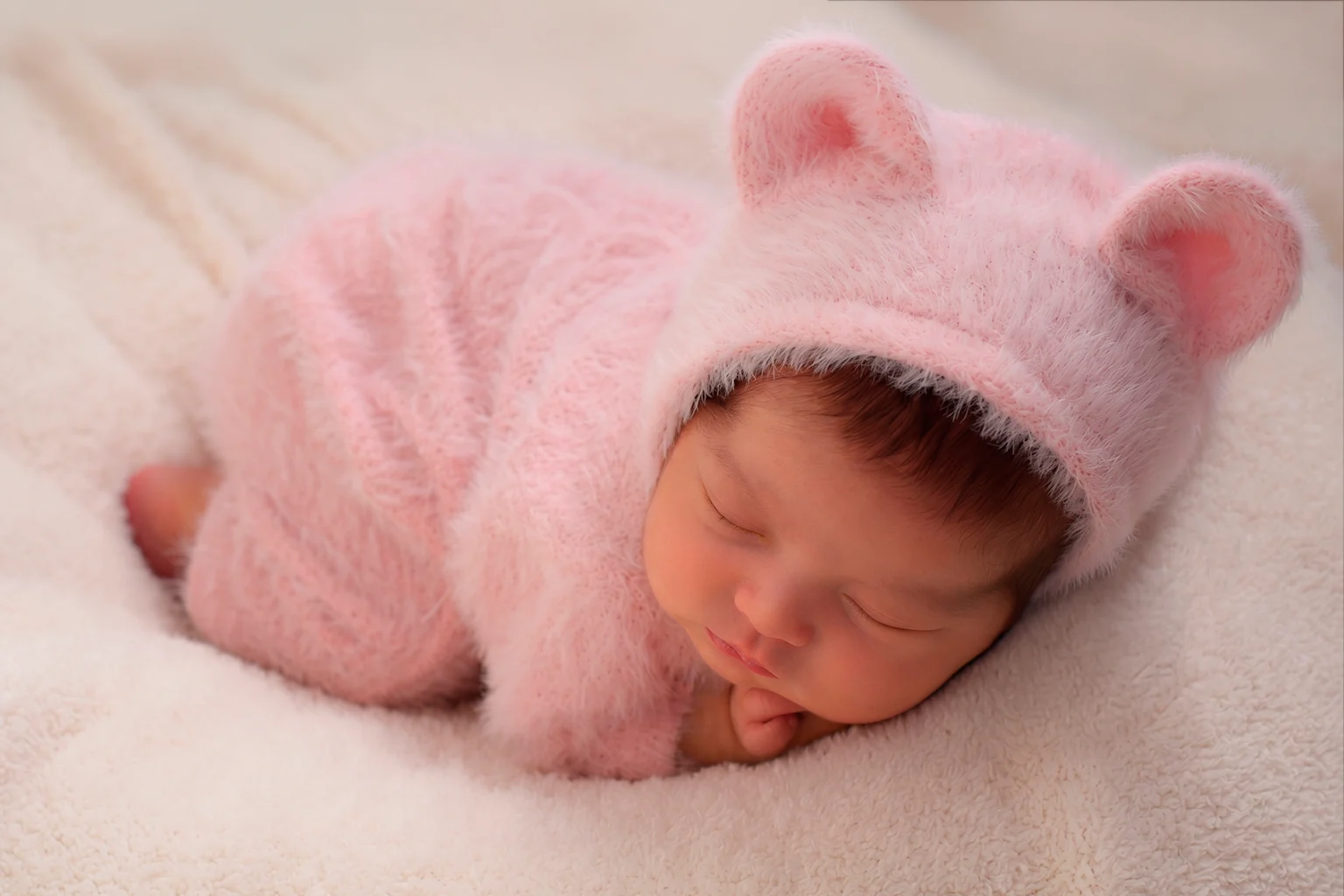 Recém-nascida dormindo com roupinha rosa em ensaio newborn